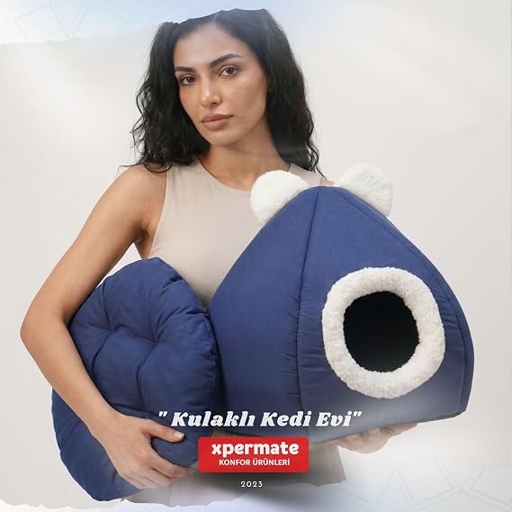 Xpermate Kedi Evi Yumuşak Kedi Yatağı Kedi Yuvası Çıkarılabilir Minderli Lacivert (Lacivert)