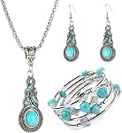 Turquoise Jewelry Set Collier Femme Boucle Doreille Femme Bracelet Femmes Country Concert Outfits for Women Western Boho Dresses Multi Piece Adjustable Necklace Earrings Bracelet Vintage Teardrop Gift for Women