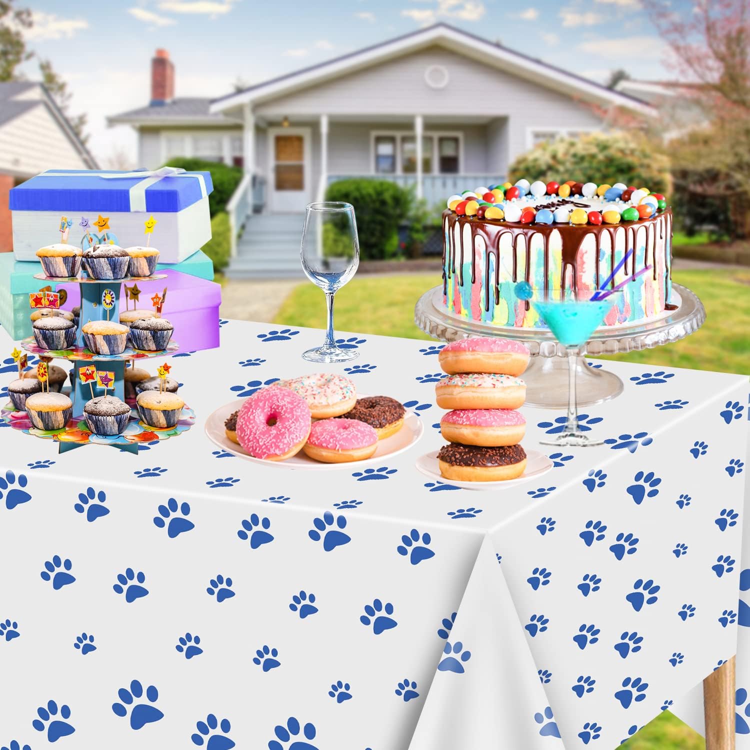 2 Pack Puppy Paw Print Tablecloths, 51x87'' Plastic Disposable Table Cover for Pet Themed Party Decorations for Cat Dog Birthday Party Supplies Lets Pawty Pet Shower Decor, Blue