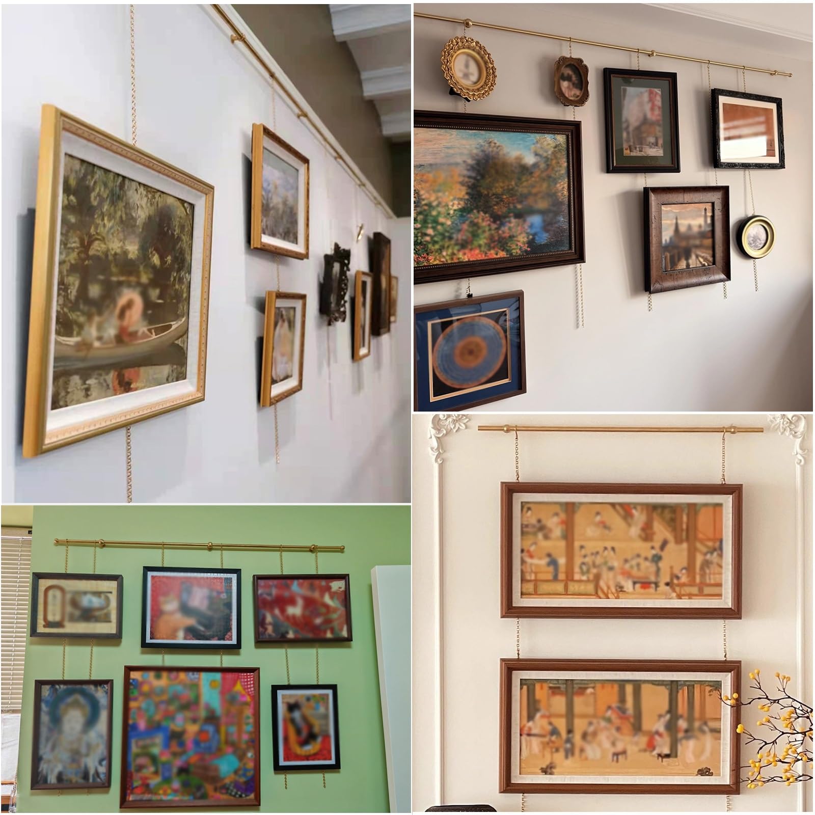 Bilderschienen Aufhängesystem aus Messing, Bilderschiene mit Haken und Kette, Wandmontiertes Kunstpräsentationssystem, Geeignet für Wohnungen und Museen(1.8m/71in)