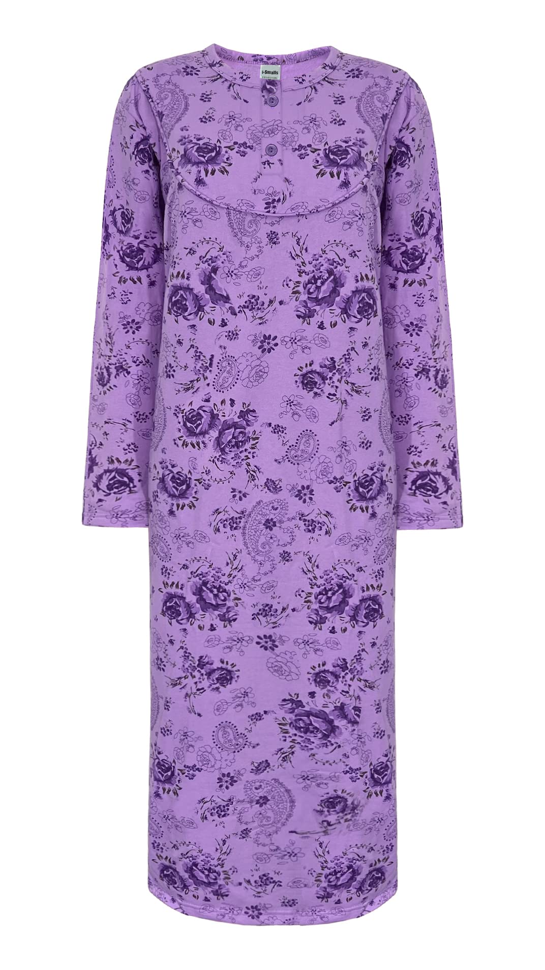 i-Smalls Womens Rose Floral Nightdress 100% Cotton Long Sleeve Thermal Nightie Chemise(3XL) Lilac