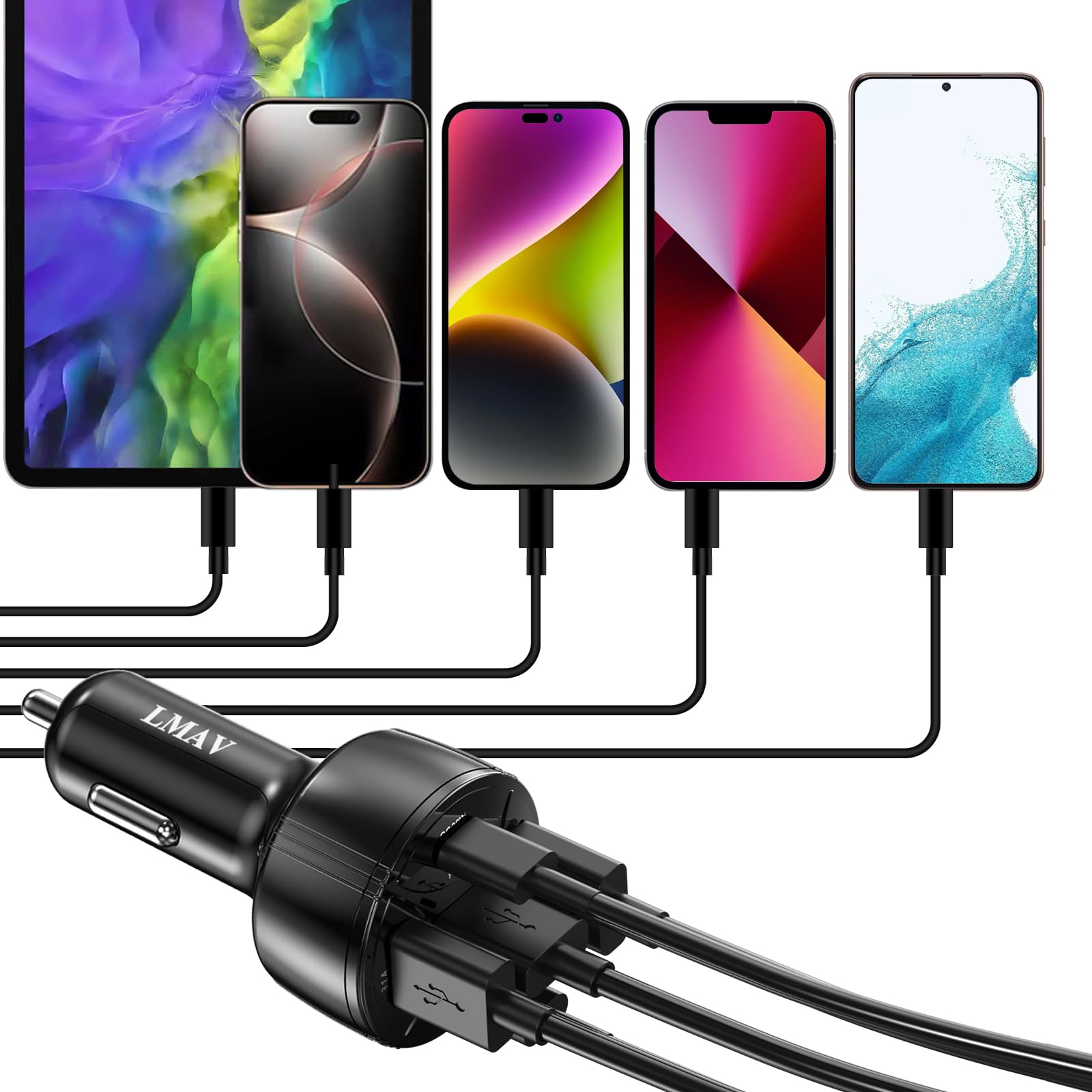 USB C Car Charger Adapter, 5 Ports 75W PD 3.0 Car Phone Charger Fast Charging Compatible with iPhone 16/15/14/13 Pro Max Series, iPad Pro, Galaxy S24/S23/S22/Note 20, Android, Pixel.