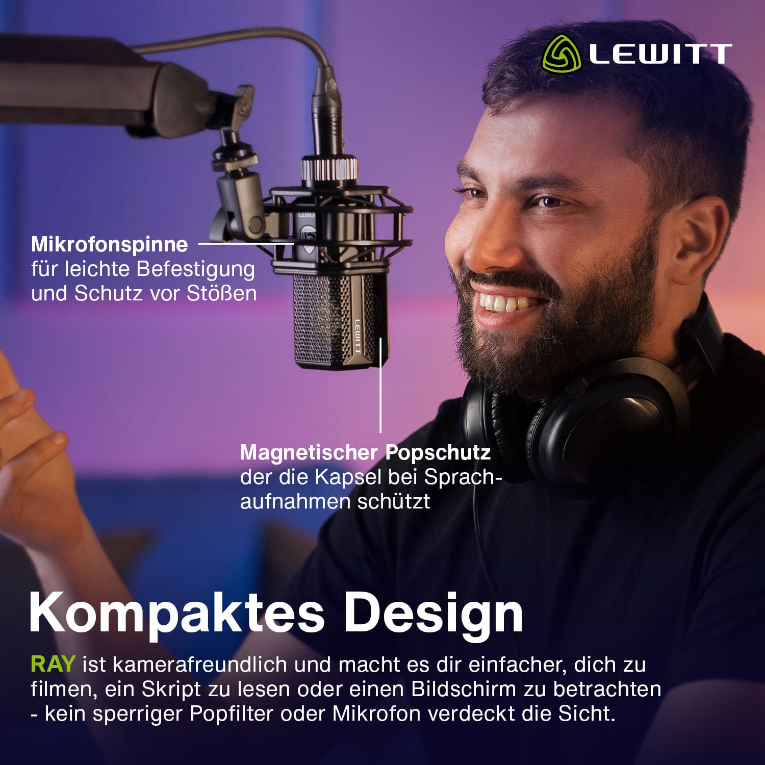 RAY Mikrofon mit Autofokus für Deine Stimme - Mute by Distance und eigene Mute Taste - Für Podcasts, Streaming, Content und Musikproduktion in Studioqualität - 1-Zoll Studiokapsel