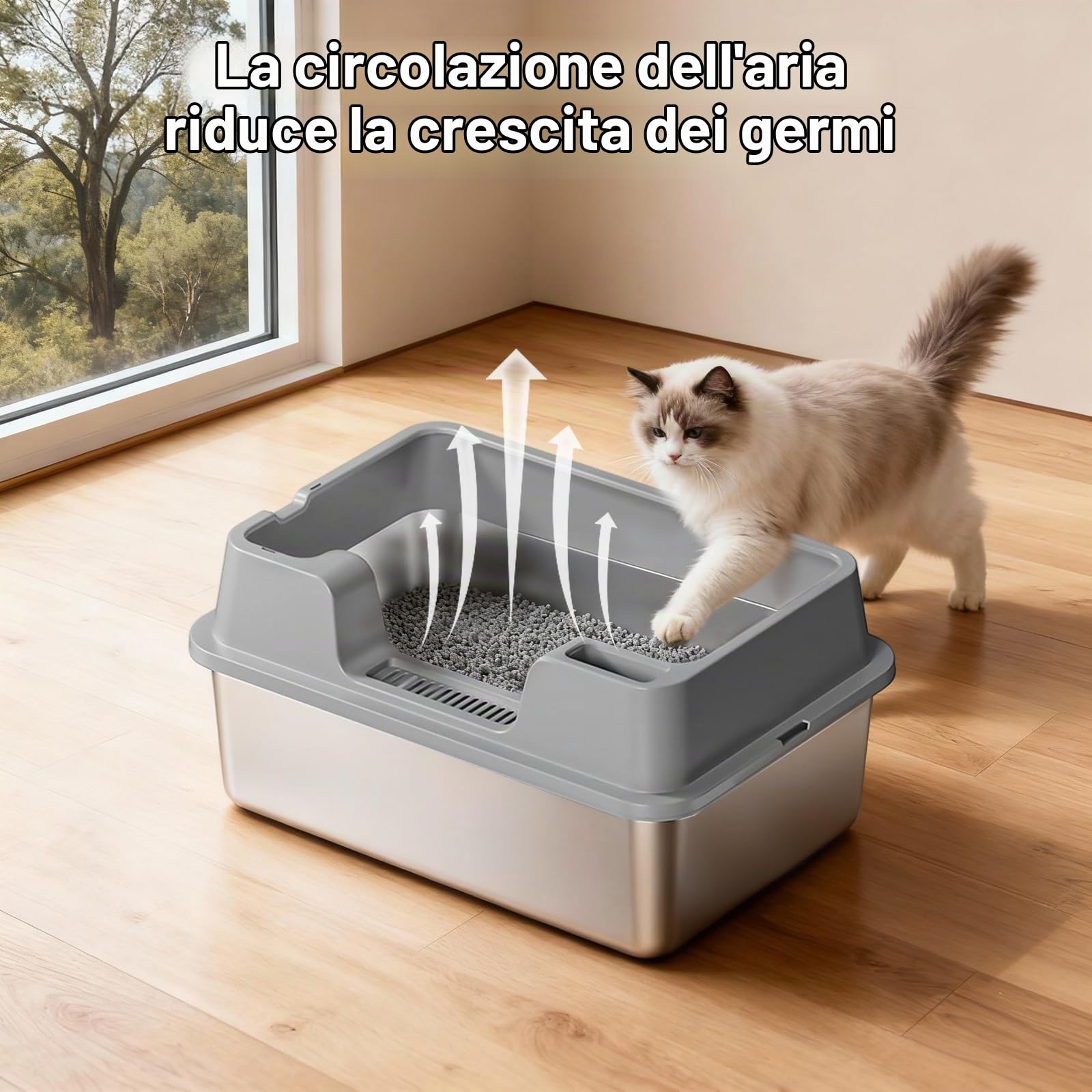 Garvee Lettiera Gatto Acciaio Inox XXL 60x40x22cm, Semichiusa con Bordi Alti per Gatti Grandi e Multipli, Antiaderente, Antiodore, Anti Perdite, con Paletta, Facile da Pulire, Grigio