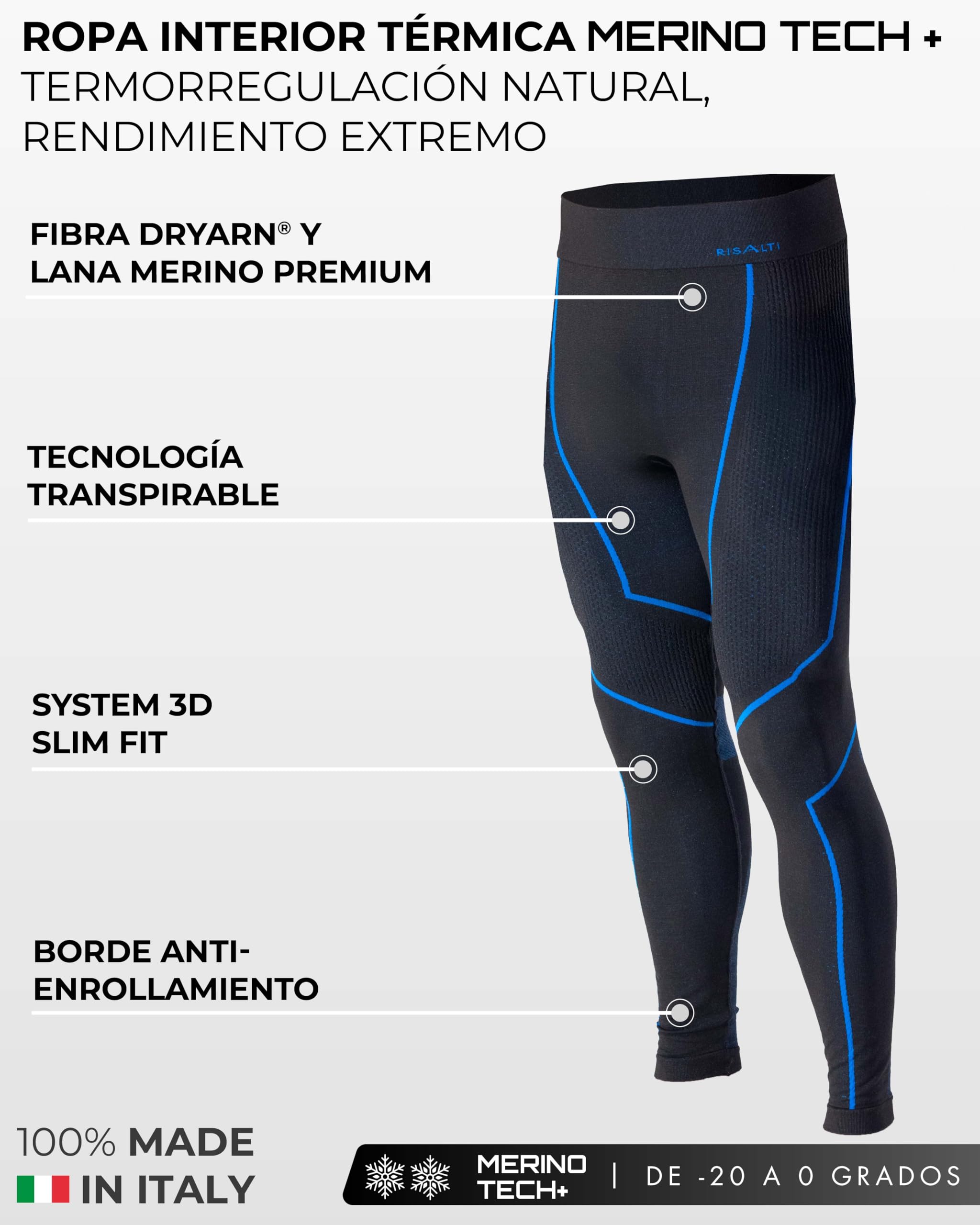 Risalti Mallas térmicas para hombre Merino Tech – Pantalones térmicos para hombre de compresión de lana merino, mallas para hombre, ropa interior térmica para hombre de invierno – Sin costuras – Made