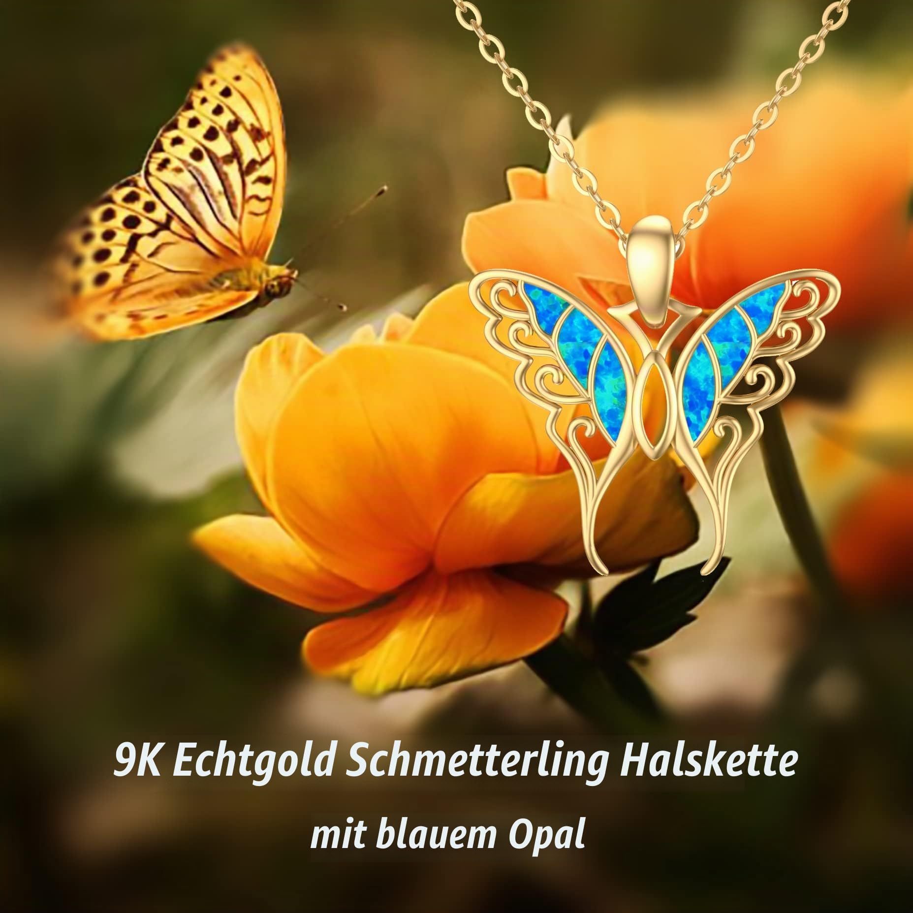 9K Echtgold Schmetterlings-Halskette mit Opal für Frauen, 375/9 ct Gold Schmetterlings-Anhänger-Halskette Schmetterling Geschenke für Geburtstag Weihnachten 40+5 cm