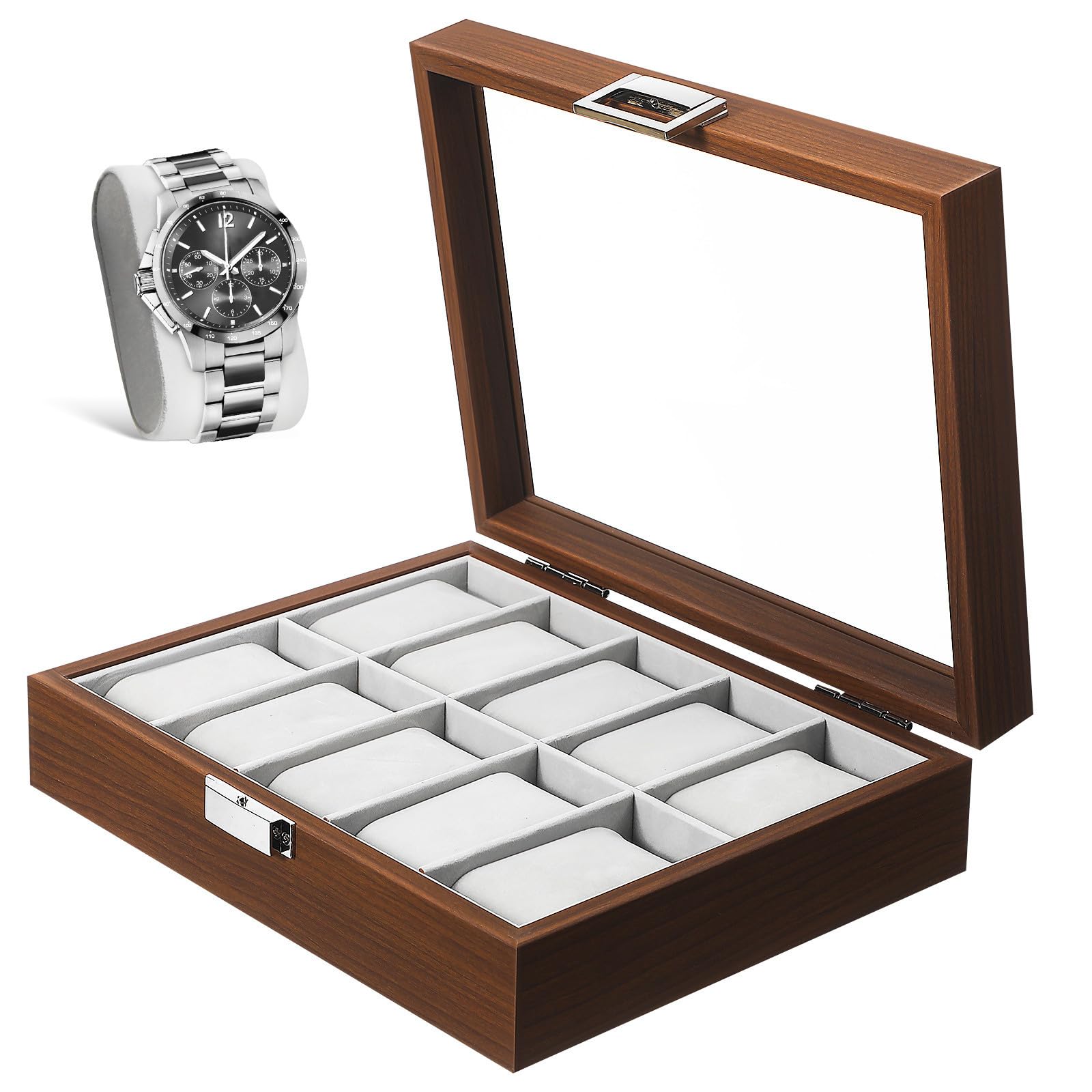 Angoily Caja para Relojes de Madera con Ventana Transparente y Terciopelo, Organizador Vintage para Coleccionistas y Entusiastas de Relojes con Capacidad