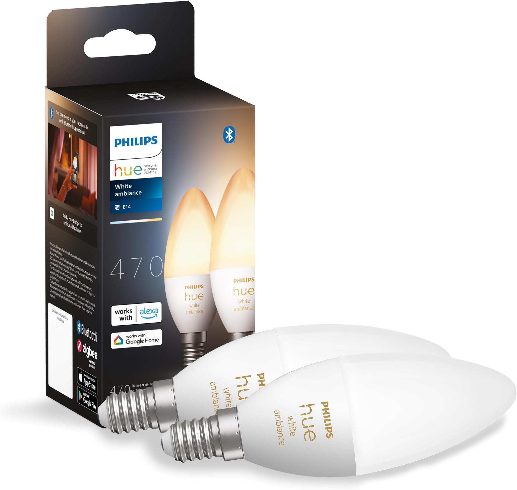 Philips Hue NEW White Ambiance Smart Light Bulb 2 Pack [E14 Small