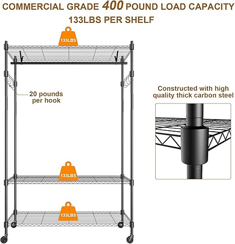 Vista 4 de BATHWA Perchero de ropa con ruedas y estante de alambre ajustable, perchero de 3 niveles que incluye 1 barra para colgar ropa, 1 gancho giratorio