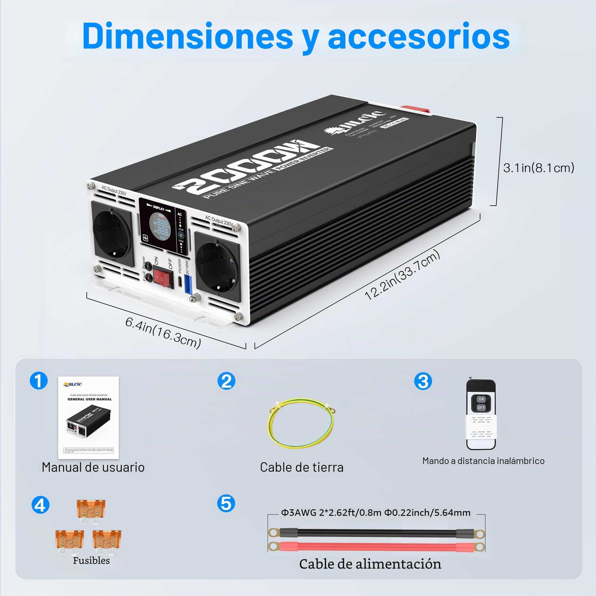 Convertidor de Energía 2000W/4000W Inversor de Onda Sinusoidal Pura de 12V a 230V, Pantalla LCD para Autocaravana Camión Vehículos