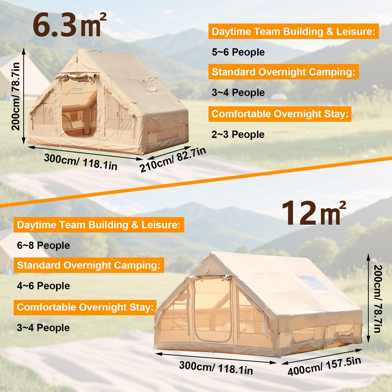 Duży Namiot Pompowany Rodzinny 4-8 Osobowy, Luksusowy Namiot Kempingowy z Pompą Elektryczną, Glamping 4 Sezonowy z Wyjściem na Komin