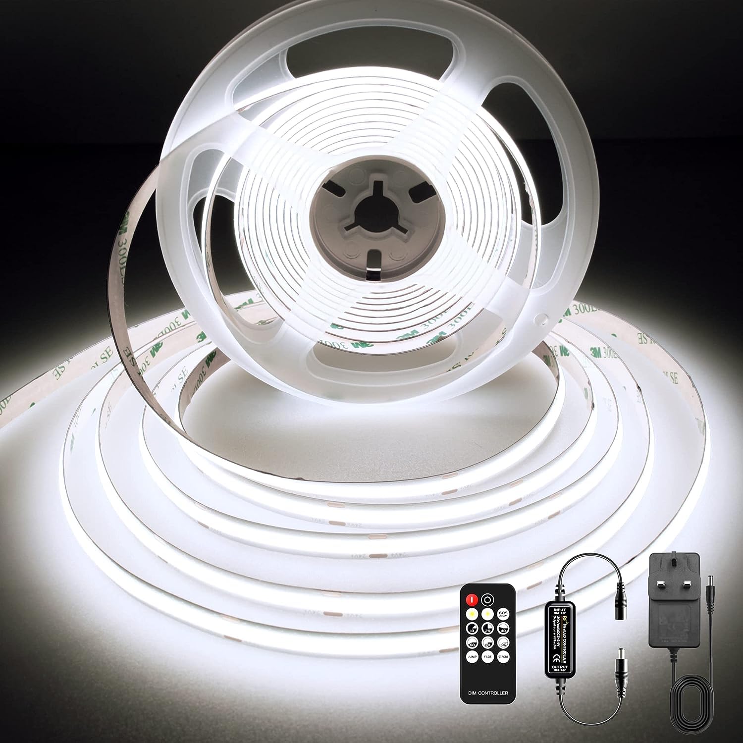 COB LED Strip 3m with Power Adatpor and Remote, 24v, 8mm Wide, CRI 92, 95lm/w, Dimmable LED Strip for Illumination of Kickboard, Shelves, Wall Panel, Cabinet, Mirror, Headboard, Cool White, 6000K — image 1