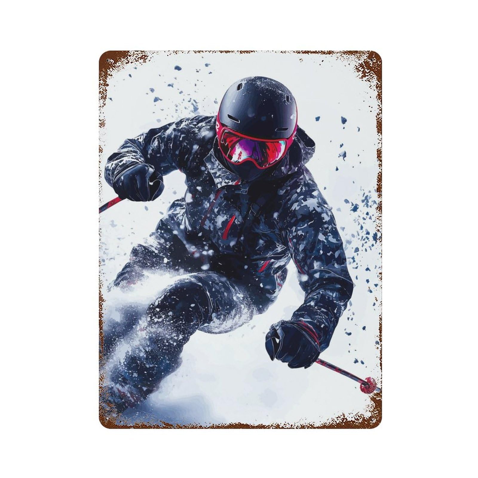 Rusty Metal Tin Sign Skier in Action 15.7"x11.8", Industrial Home Decor for Patio, Garden Room And Bar Decor