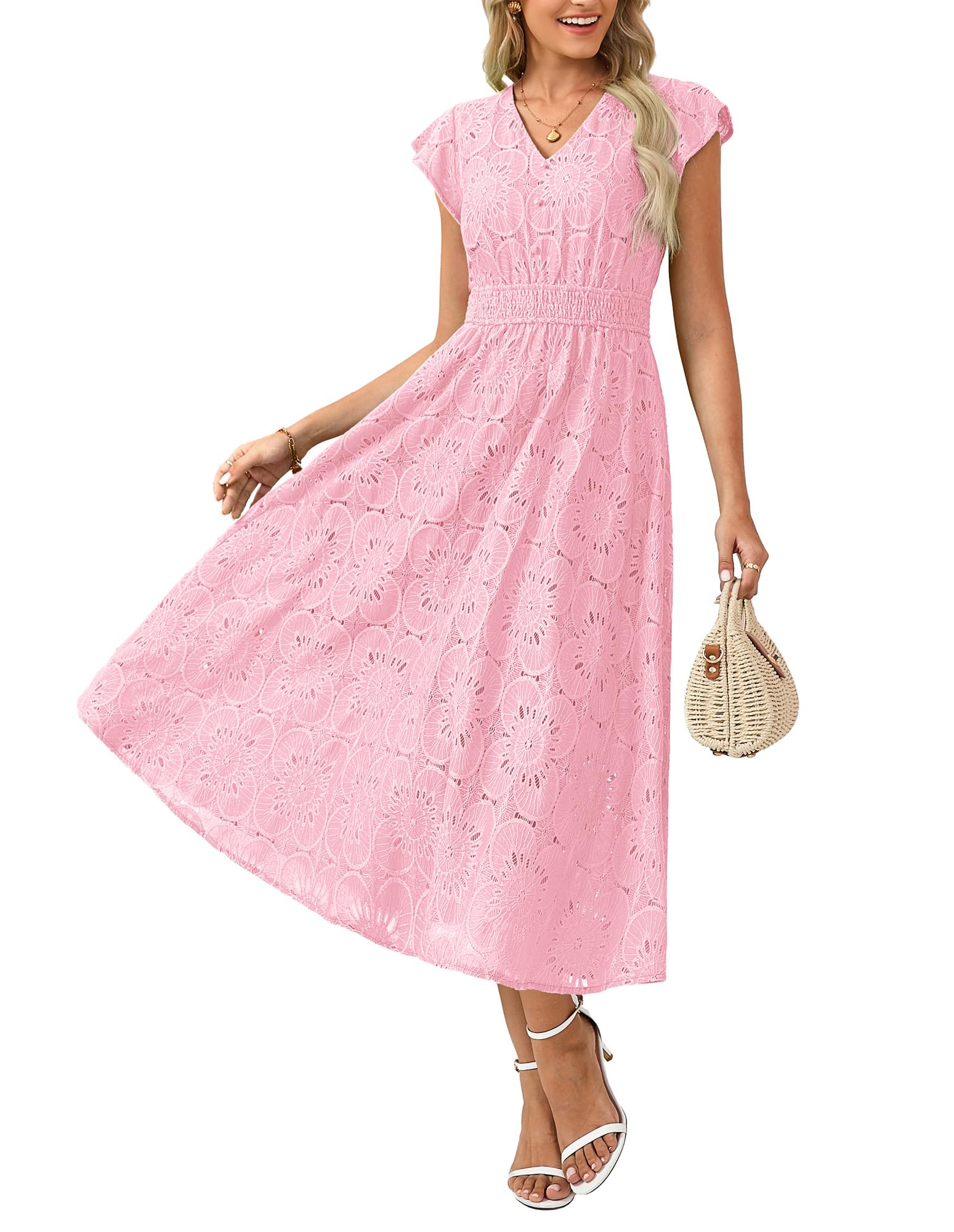 GRACE KARIN Damen Boho V-Neck Kurzarm Kleid Lässiges Ärmelloses Maxikleid mit Spaghettiträgern Falten und lockerer A-Linien Strandkleid Festliches Kleid mit Taschen