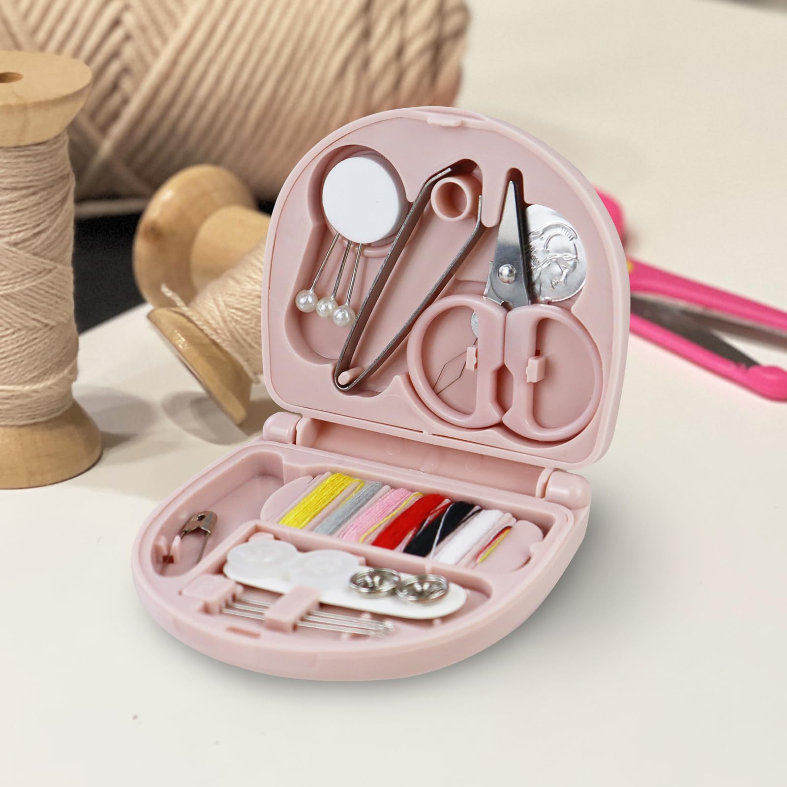 Portable Sewing Kit, Basic Emergency Sewing Box with Needles Threads Buttons Scissors, Mini Travel Sews Box Kit for Women Beginner Adults (Light Pink)