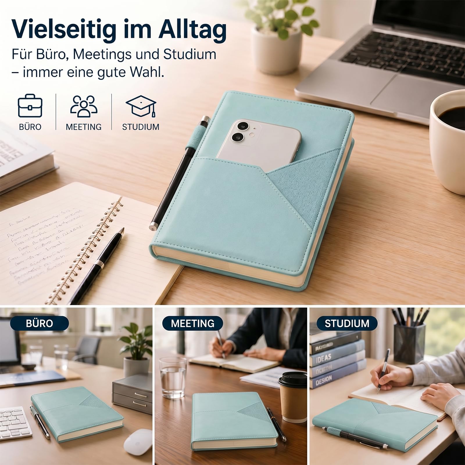 10 Stück Notizbuch Personalisiert mit Namen Journal Buch B5 | Linierte Seiten | Wasserabweisender PU-Einband | Fronttasche für Stifthalter & Karten | 200 Seiten | Büro & Uni