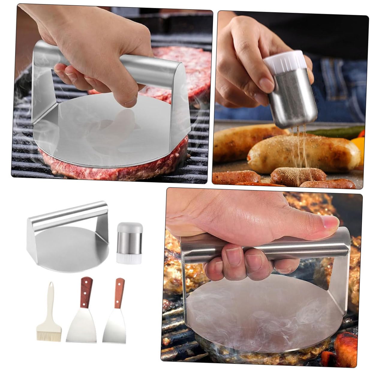 ABOOFAN Set 5 Pezzi Accessori per Barbecue Outdoor Pressa per Carne, Spatola e Pennello in Metallo Inossidabile