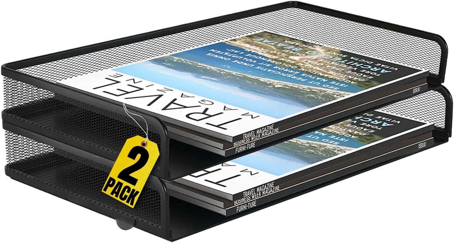 1InTheOffice Desk Trays Stackable Legal Tray, Black Wire Mesh Side-Load Paper Tray Organizer, (2 Pack)