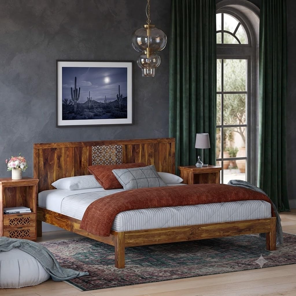 Solid Sheesham Wood Queen Size Bed Without Storage for Bedroom | Rosewood Palang Bed Living Room | Wooden Double Bed Cot for Home Hotel (Honey)-image-31