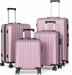 Apelila 4 Piece Hardshell Luggage Sets,Travel Suitcase,Carry On Luggage with Spinner Wheels Free Cover&Hanger Inside4PC (light pink)