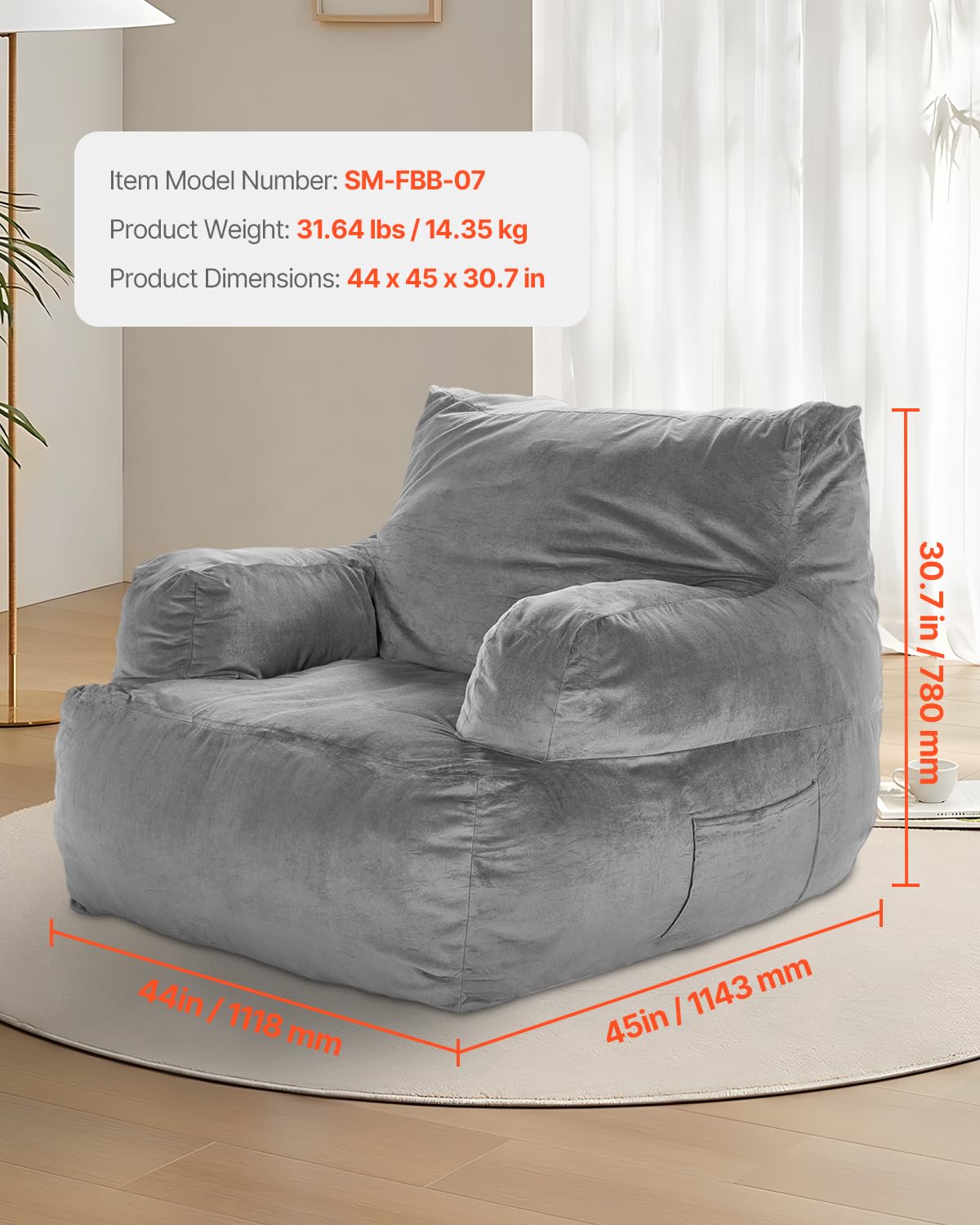 VEVOR Sillón Puff 1118 x 1143 x 780 mm con Reposabrazos para Adultos, Relleno de Felpa Esponjosa y Espuma de Alta Densidad, Sillón Puff para Adultos con Zapper para Sala de Estar, Dormitorio, Gris