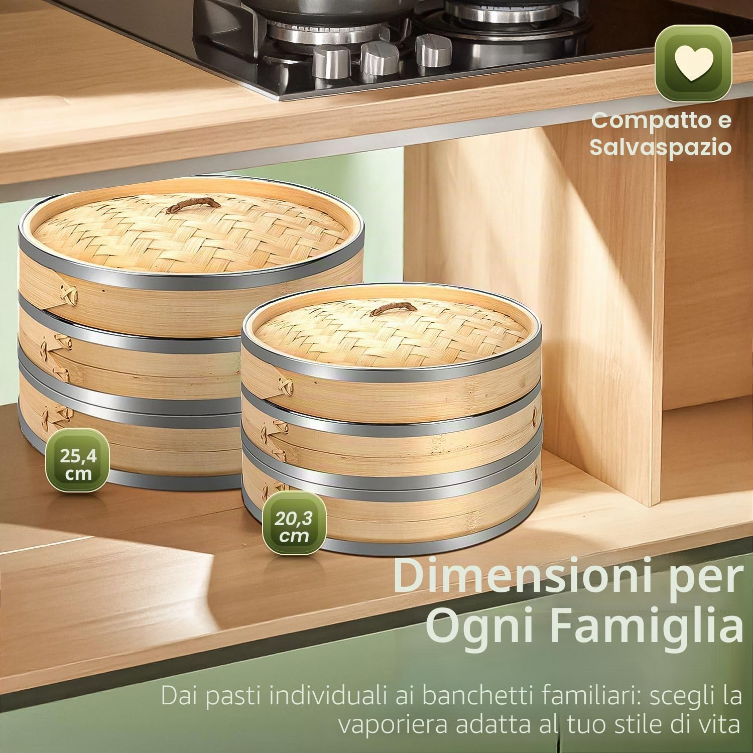Flexzion Vaporiera di bambù (25,4cm /10 pollici) con fasce in acciaio inox 50x fodere e 2 paia di bacchette, Vaporiera di bamboo cestello cinese, Steamer vapore per cottura cucina cibo asiatico