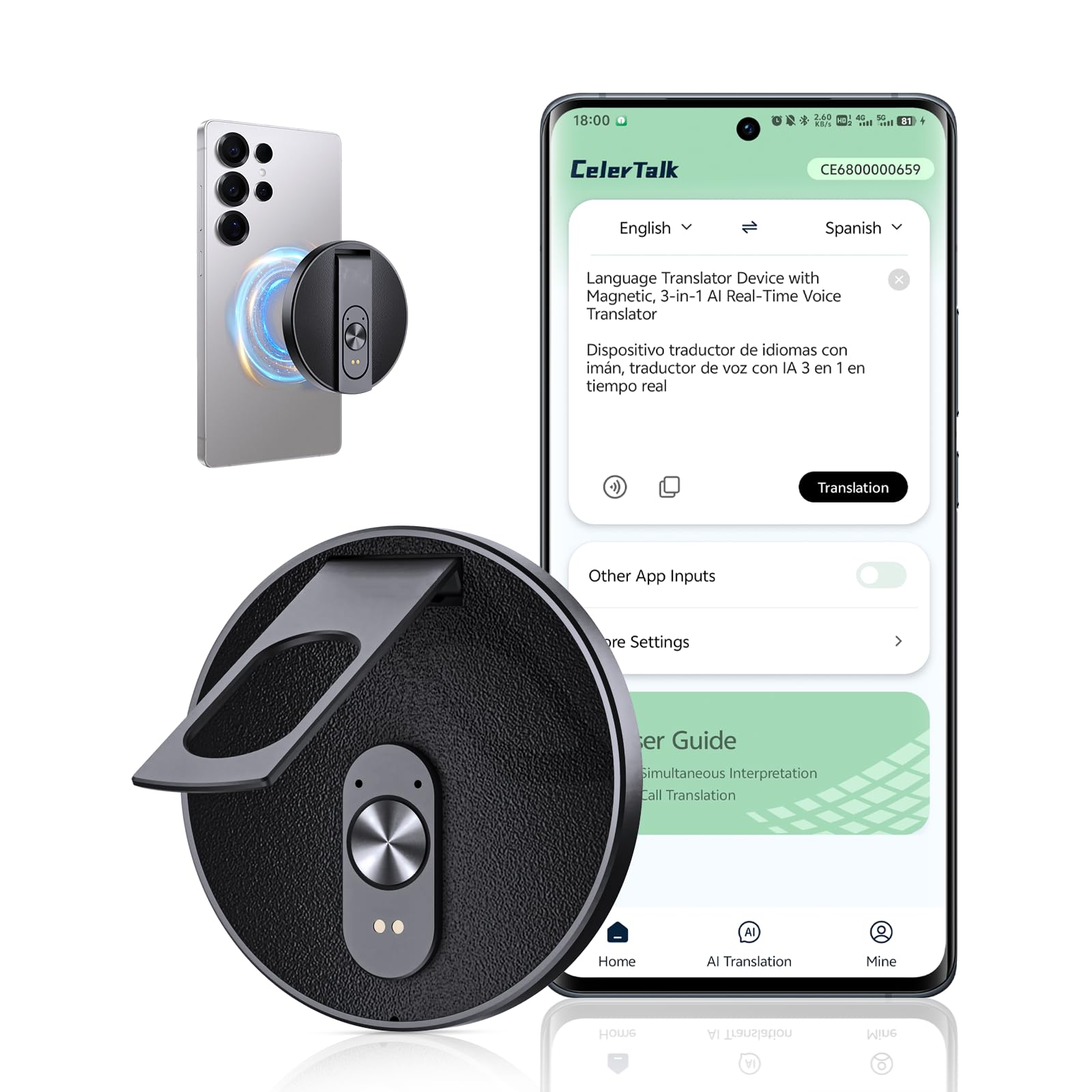 AI Language Translator Device with 150+ Languages, Instant Translator with Magnetic Attachment, Spanish & English Foreign Language Practice Partne, Traductor De Idiomas Portatil for Travel Business