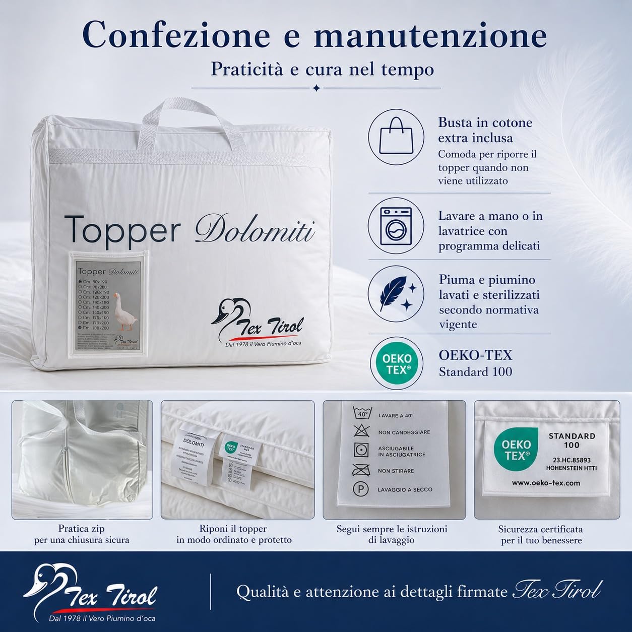 TOPPER per Materasso in PIUMINO Oca TEX TIROL © DOLOMITI 50% Piumino Oca / 50% Piuma Oca - Matrimoniale cm. 160x190