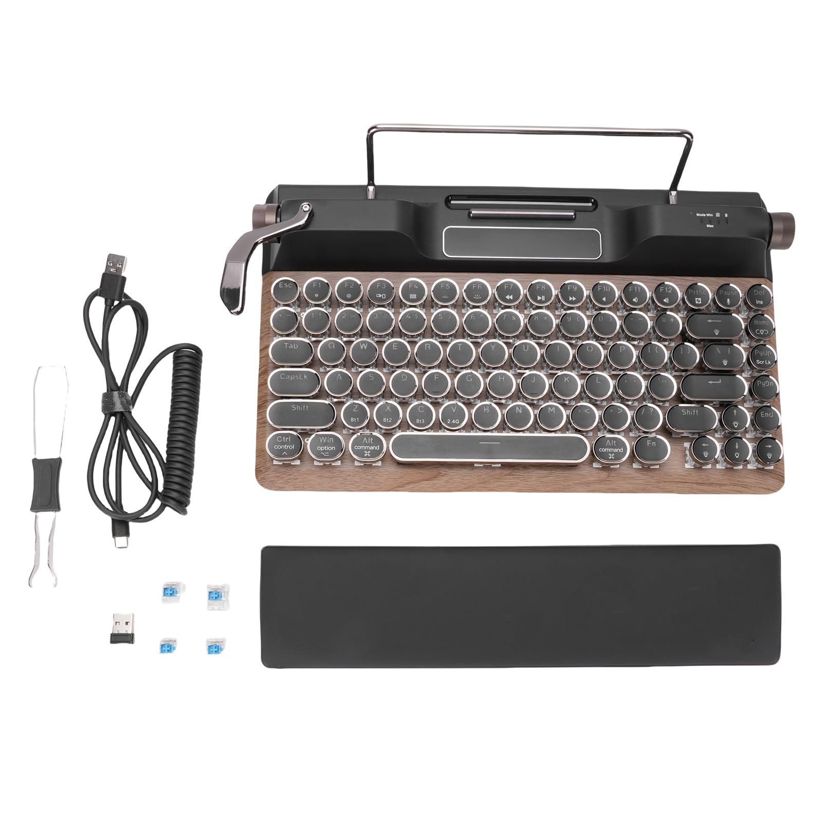 VBESTLIFE Retro Maszyna do Pisania Bezprzewodowa Klawiatura Gier Mechanicznych z Bluetooth 5.0, 84 Klawisze, Niebieskie Przełączniki, Punkowa Okrągła Keycap, Podświetlenie RGB, Odpoczynek
