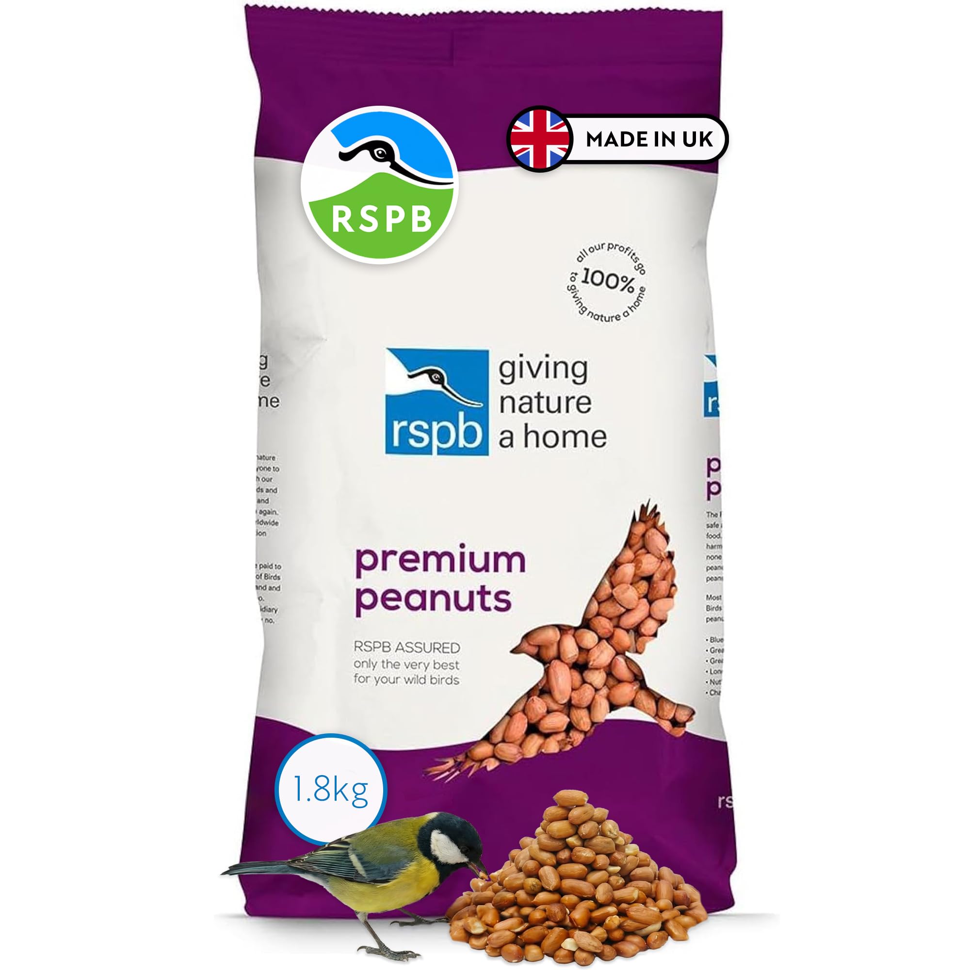 Premium Peanuts 1.8Kg Wild bird Food, supporting RSPB Charity, Re-sealable & recyclable pouches, for use in Garden & outdoors. Perfect for Feeders, ground feeders & bird tables
