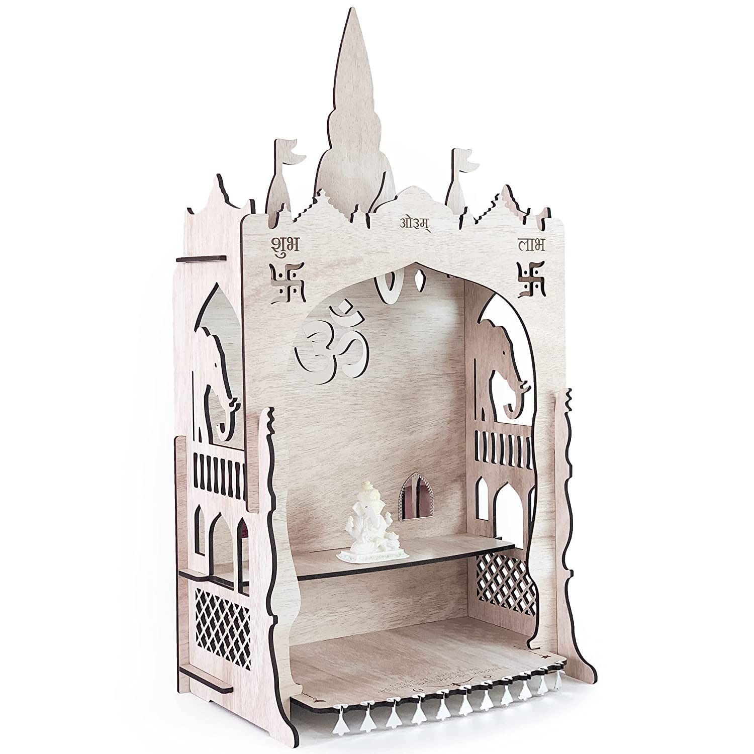 KRISHA KRAFTS Wooden MDF Temple Large, Home Mandir (12 x 24 x 8.5 inch) Pooja Ghar - (Beige Oak Finish) (Gaj Dwar K) (White)