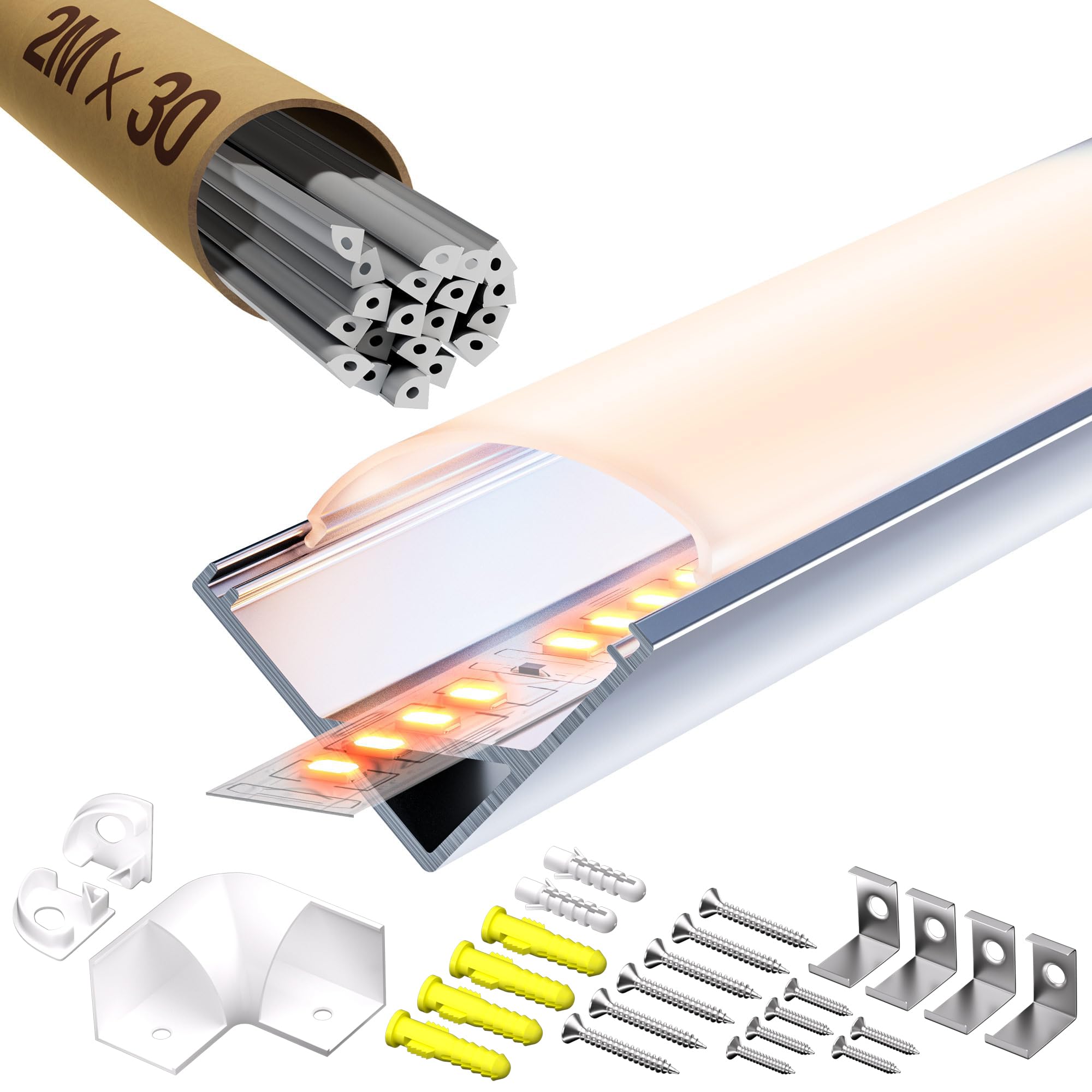 30 × LED profilé d'angle aluminium blanc 2m pour largeur max 10mm bande LED, L2000*15,8 * 15,8mm, profil LED 45 degrés rail en forme de V profil d'angle bande canal et diffuseur pour indirecte