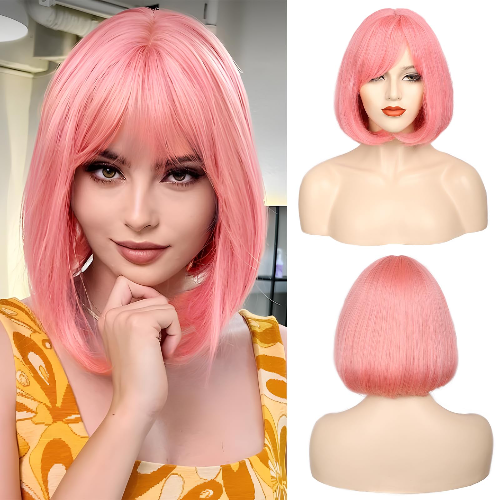 MORICA Pink Bob Wigs for Women Short Bob Wig with Bangs 14 inch Straight Wigs Soft Synthetic Full Wigs for Daily Party