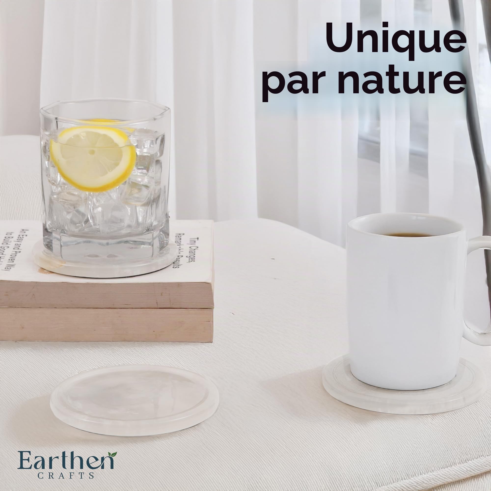 Lot de 6 Dessous de Verre Ronds en marbre avec Support et Couvercle, 8,9 cm, en Onyx Blanc, idéal pour Table à Manger, Table Basse et Bureau