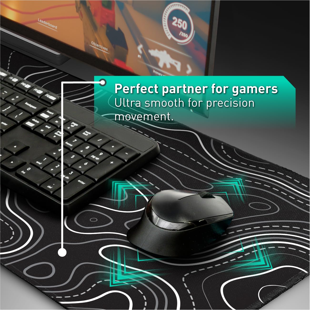 Tappetino Per Mouse XXL 80x30 Cm Con Contorno Topografico 3D Nero - Base Antiscivolo, Bordi Cuciti, Superficie Liscia, Impermeabile