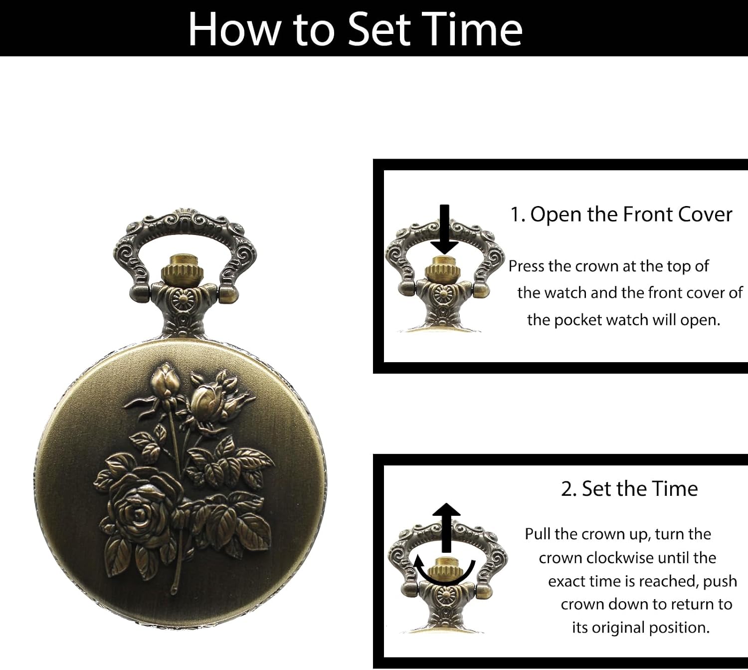 SIMAOTE Vintage Quartz Pocket Watch with Flower Pattern Cover and Chain for Women