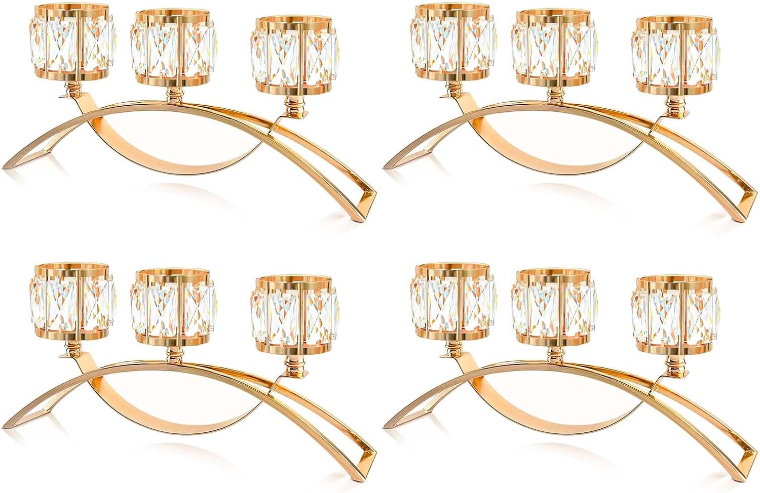 4 Pcs 3-Arm Crystal Tealight Candle Holders, Elegant Metal Arch Candlestick Centerpiece for Wedding, Party, Dining Room Table Decorations, Anniversary (4, Gold-3 Arm)