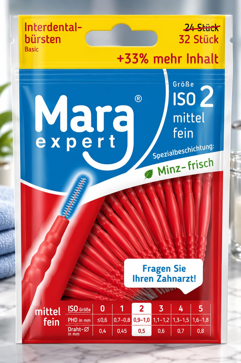 MARA EXPERT Brosses pour espaces interdentaires, fines, 0,5 mm, ISO 2, 6 x 32, rouges, brosses dentaires standard