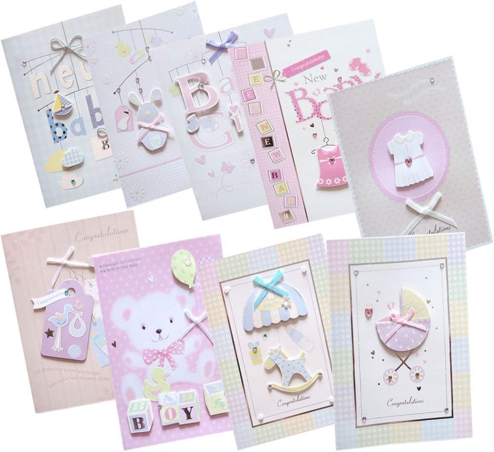Easting Assorted Congratulations Wishes for Baby Cards Box Set 10 Pcs Handmade Embellished Assortment Greeting Cards for Boy or Girl Birth