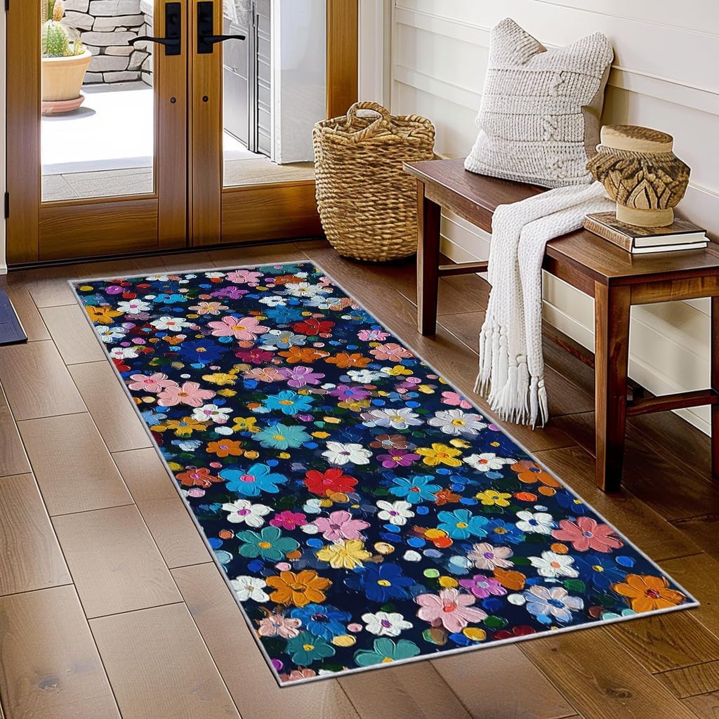 Tapis à fleurs colorés et antidérapant avec revêtement à poils courts