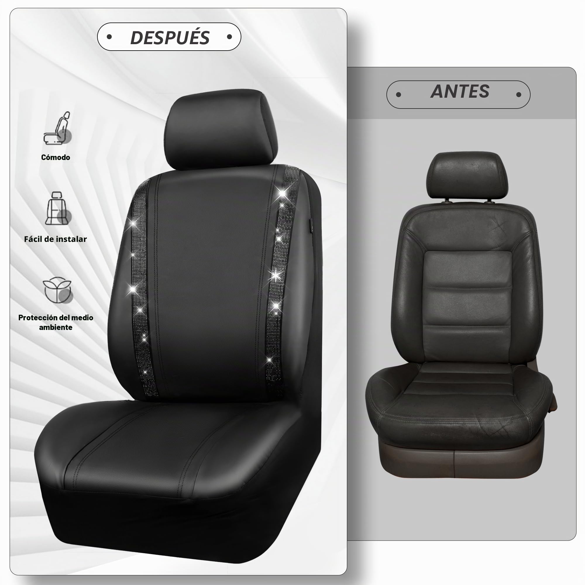 CAR PASS Fundas Impermeables de Cuero para Asientos de Coche, Cristal de Diamante Brillante Bling, Universal para el 95% de Todos los Coches SUV Camiones, Mujeres Hombres (Juego Completo, Negro)