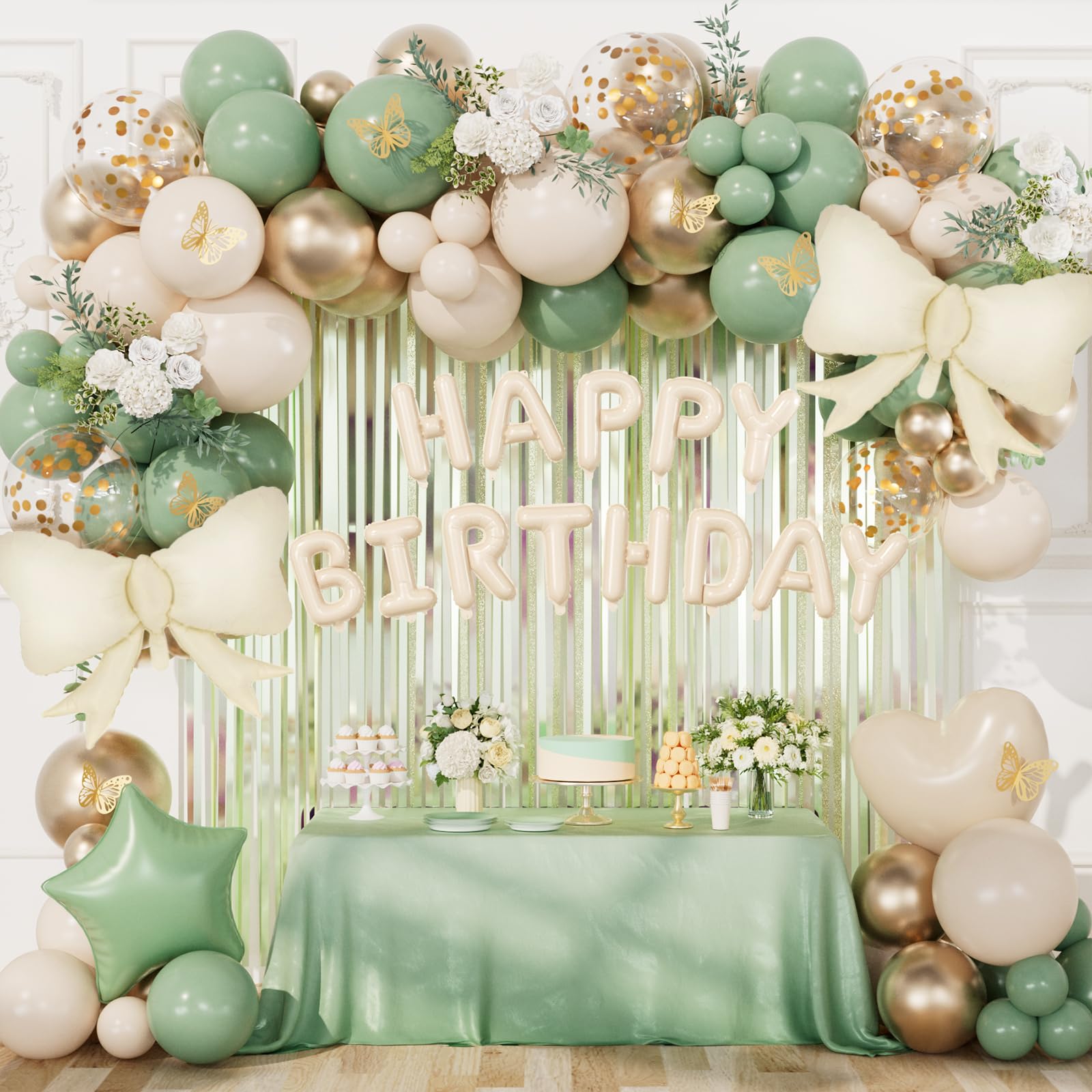 DBKL Sage Green Birthday Decorations with Happy Birthday Banner, Sage Green Sand White Gold Confetti Balloons Butterfly Fringe Curtain Party Decorations for Women Girls