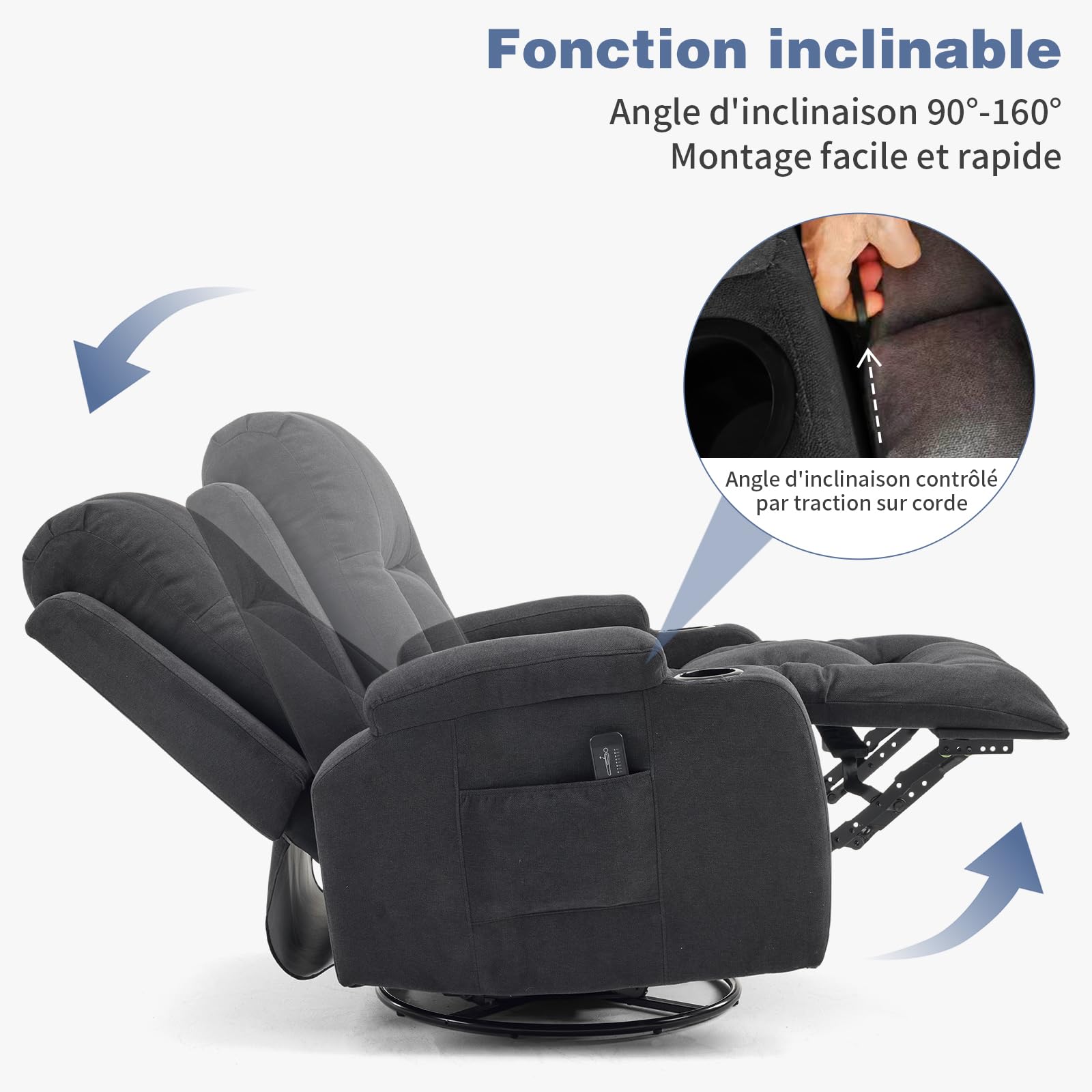 LEADZM Fauteuil Relax avec Fonction électrique Massage,avec 360° Chaleu et Tourner Réglage Manuel de Inclinaison Fauteuil Relaxant avec Repose-Pied,Télécommandes,Noir