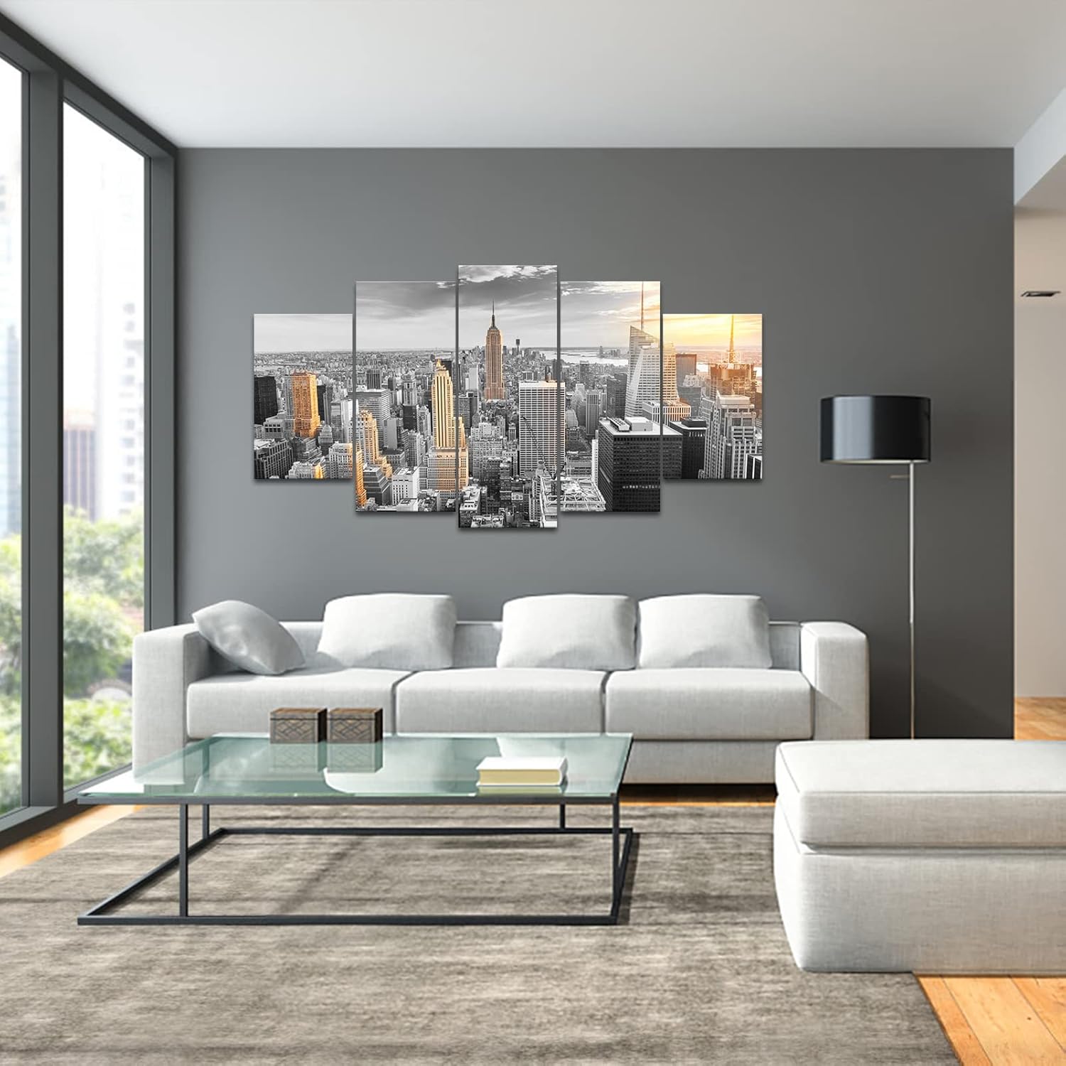 Conipit Large Size 5 Pcs New York Skyline Wall Art Canvas City in Sunrise Painting Pictures Modern Cityscape Artwork for Living Room Office Wall Decor Framed Ready to Hang