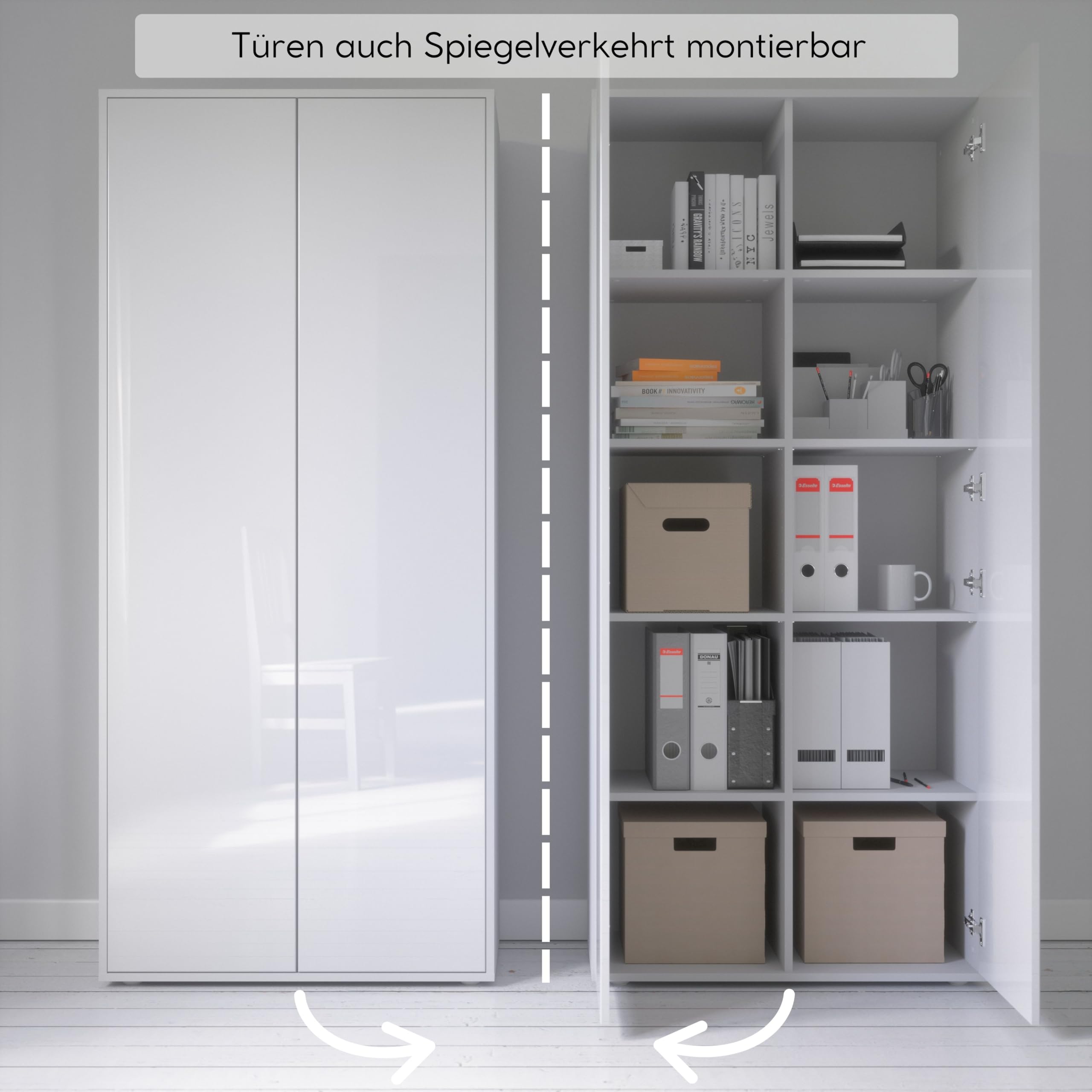 Büroschrank Amira T00, Weiß/Weiß Hochglanz, 180x80x40 cm | Geschlossener Aktenschrank, Push-to-Open, Mehrzweckschrank für Büro