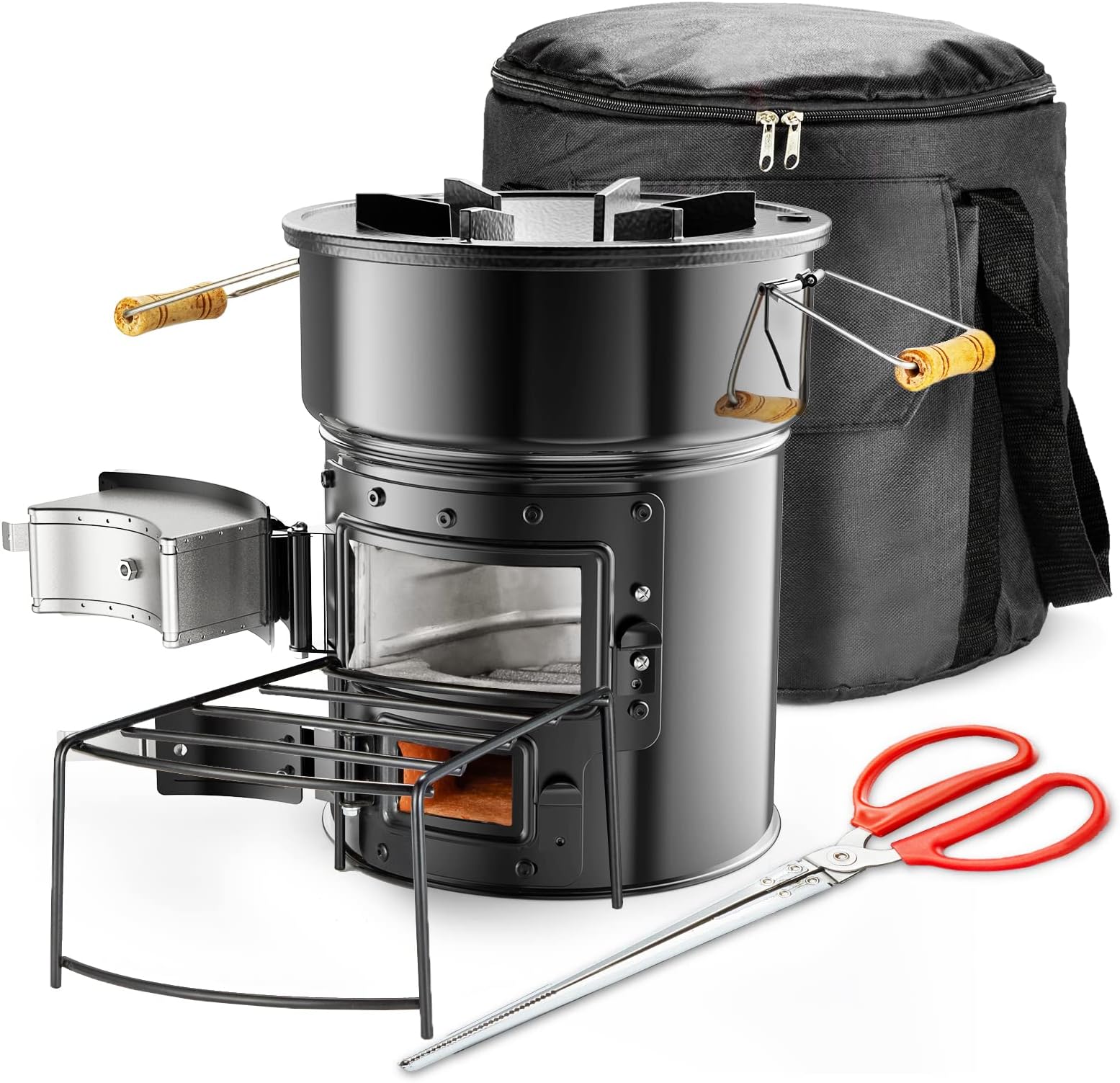Rocket Stove, Portable Outdoor Wood Burning Stove with Handle/Shelf/Tongs/Carry Bag, Camping Stove for Backpacking, Outdoor Cooking, BBQ, RV, Bushcraft, Heating and Outer Survival