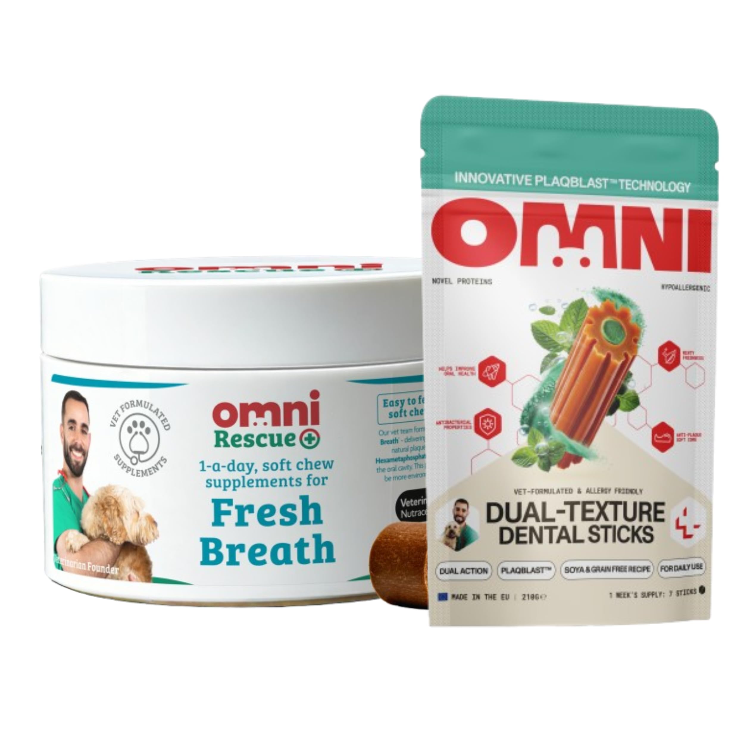 Omni Bundle - Fresh Breath for Dogs, 30 Servings, Small 0-15 Kg + Dental Sticks, Vet Formulated Hypoallergenic, Soya & Grain Free, 7 Sticks