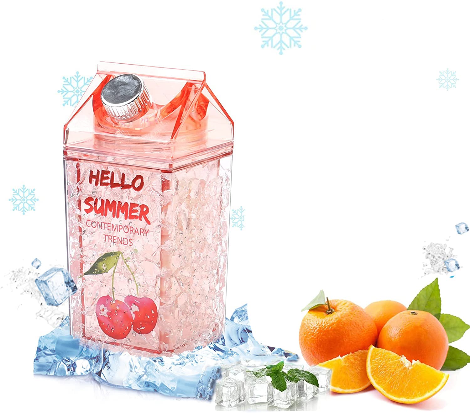 Crushed Ice Cup, Double-layer Thickened Refrigerator Cold Storage Cup Straw Gel Quicksand Iced Cup Crushed Ice Cup, Creative Milk Carton Summer Student Drinking Outdoor Water Ice Cup (Cherry Red)