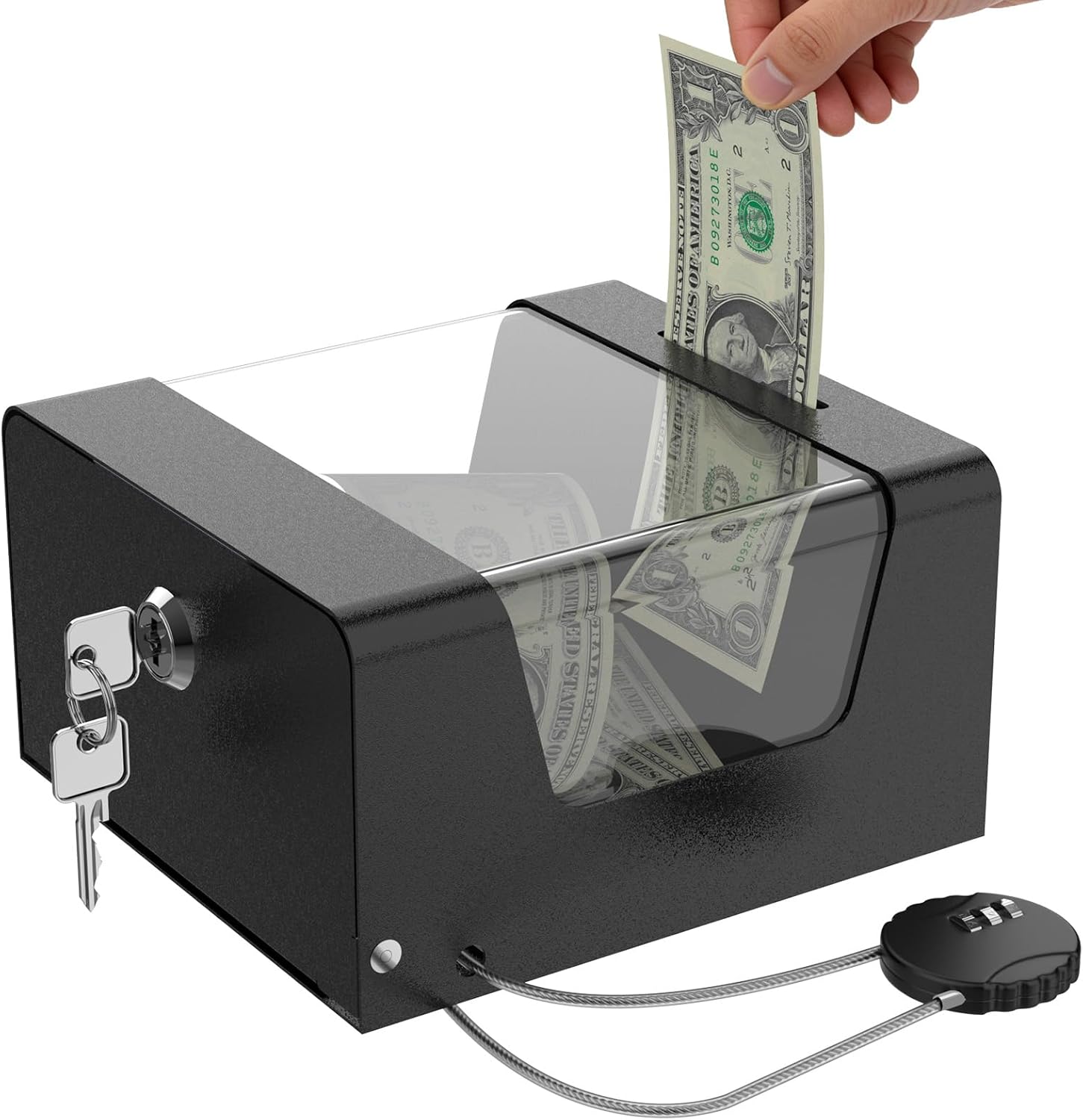 Steel Locking Tip Box - Heavy Duty Secure Tip Jar with Combination Cable Lock - Use for Collecting Donation, Suggestion, Business Card, and More