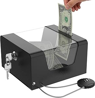 Steel Locking Tip Box - Heavy Duty Secure Tip Jar with Combination Cable Lock - Use for Collecting Donation, Suggestion, Business Card, and More